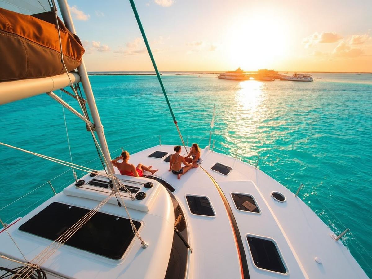 Catamarán navegando en el mar turquesa de Cancún y Riviera Maya
